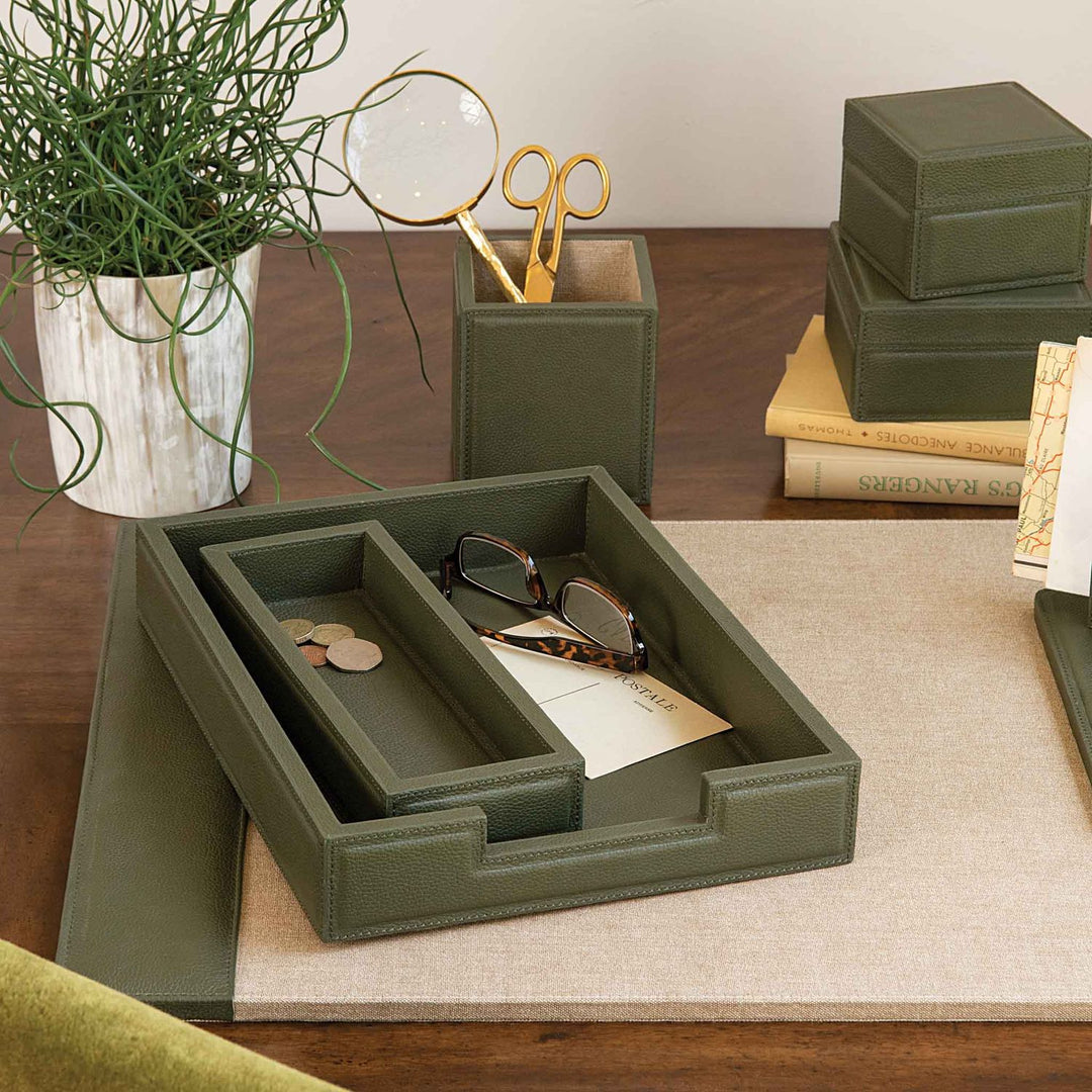 Asby, Forest, Set: Letter Tray, Envelope Holder, Pencil Tray, And Pencil Holder, Full-Grain Leather