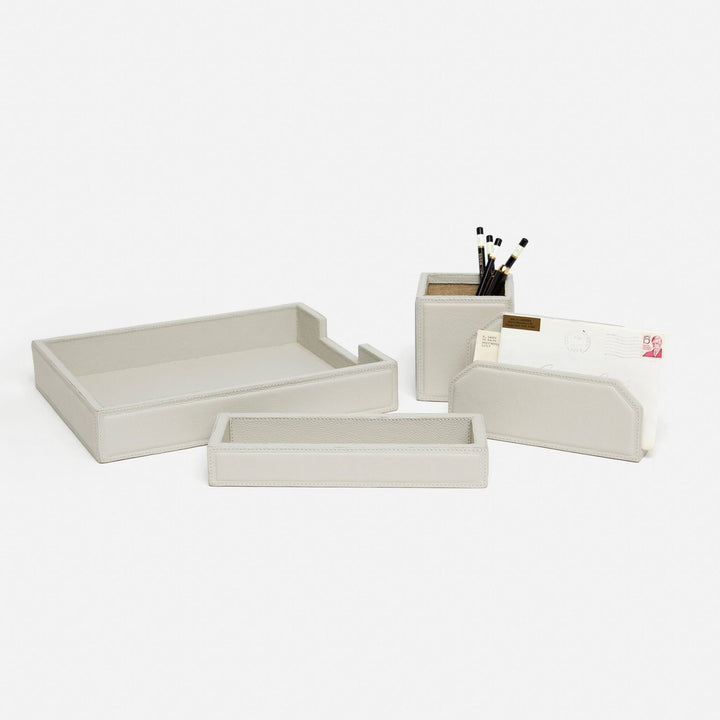 Asby Set: Letter Tray, Envelope Holder, Pencil Tray And Pencil Holder, Light Gray, Full-Grain Leathe