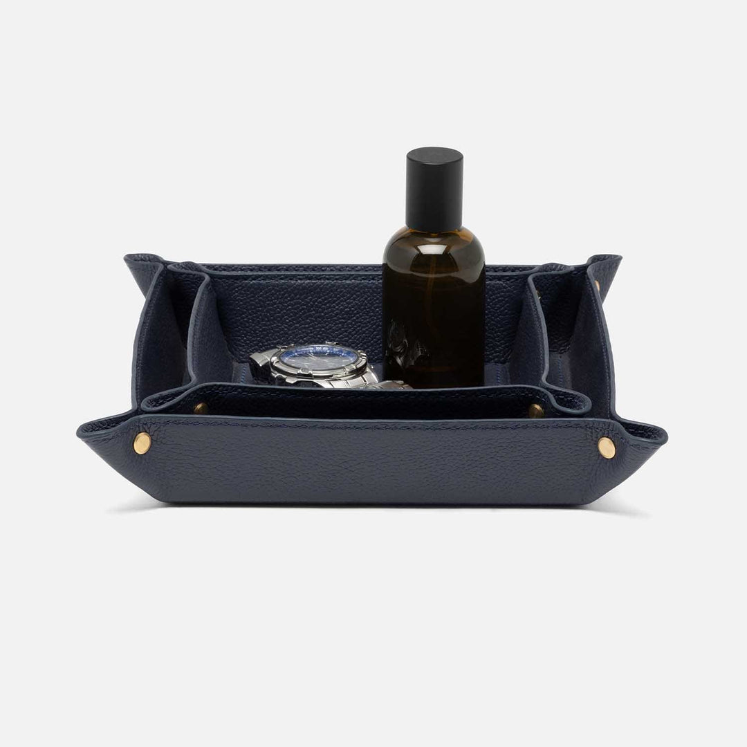 Belmont, Navy, Desk Catch All Trays, Square, Full-Grain Leather, S/2