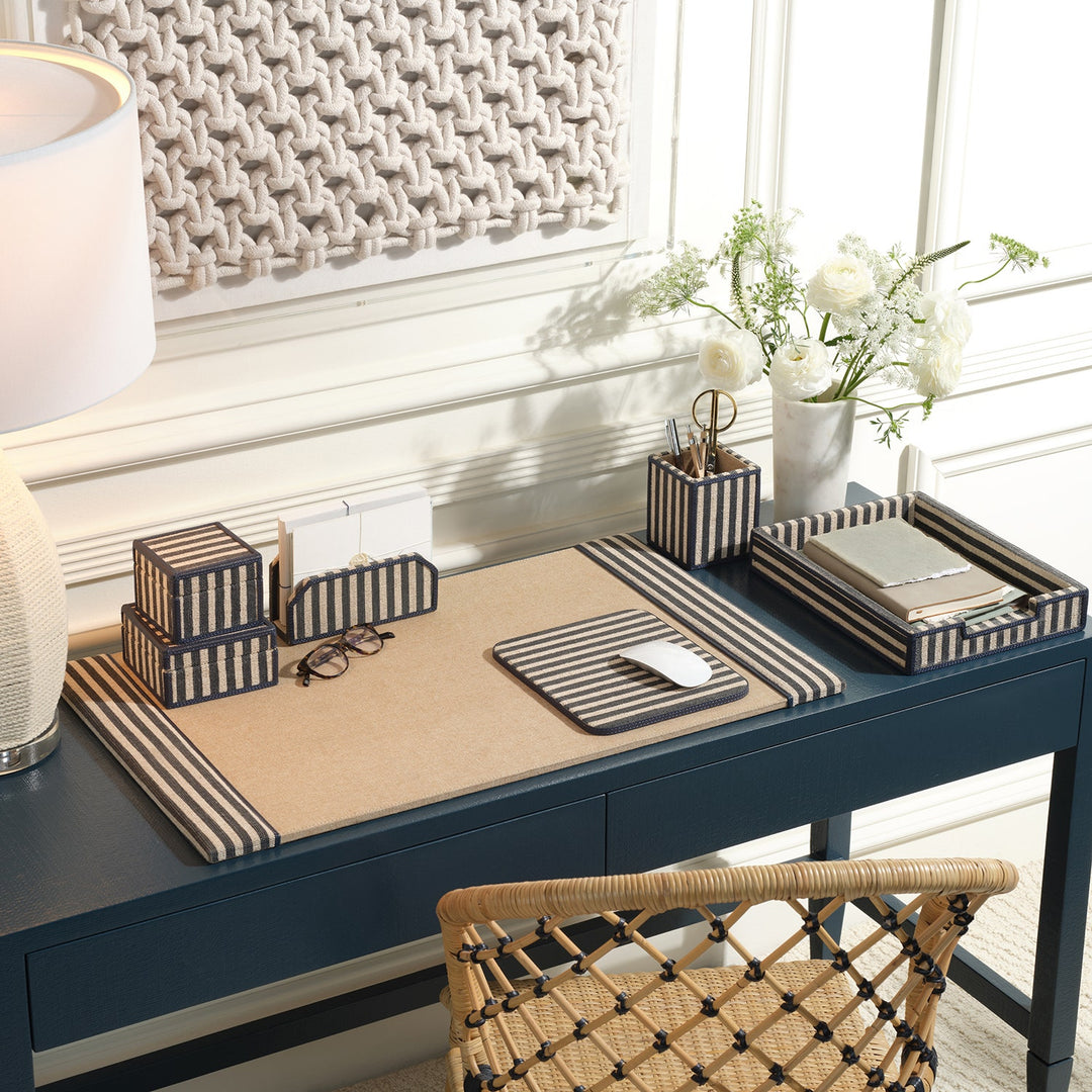 Franklin, Navy Striped/Navy, Square Boxes, Cotton Jute/Leather, S/2