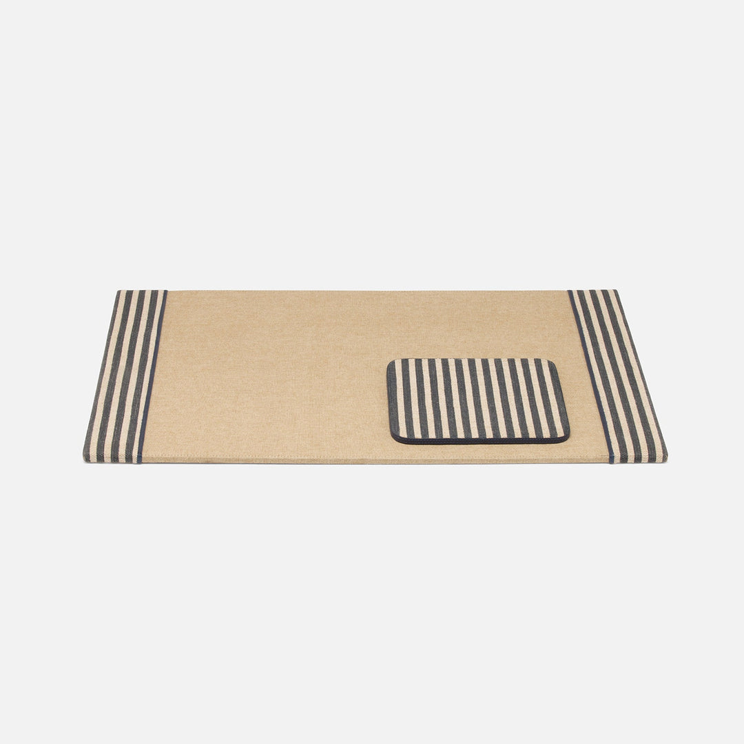 Franklin, Navy Striped/Navy, Set: Desk Blotter And Square Mouse Pad, Cotton Jute/Leather