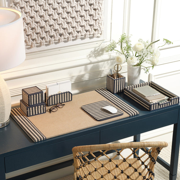 Franklin, Navy Striped/Navy, Set: Desk Blotter And Square Mouse Pad, Cotton Jute/Leather