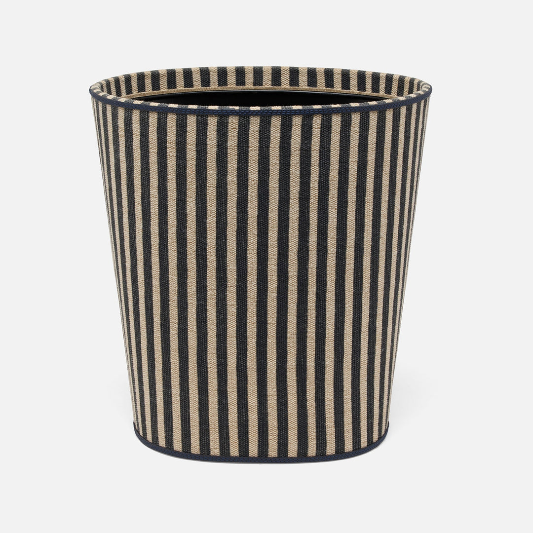 Franklin, Navy Striped/Navy, Wastebasket, Oval, Cotton Jute/Leather