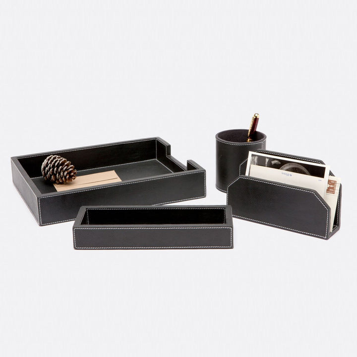 Larne, Black, Desk Set: Letter Tray, Envelope Holder, Pencil Tray And Pencil Holder, Full-Grain Leat