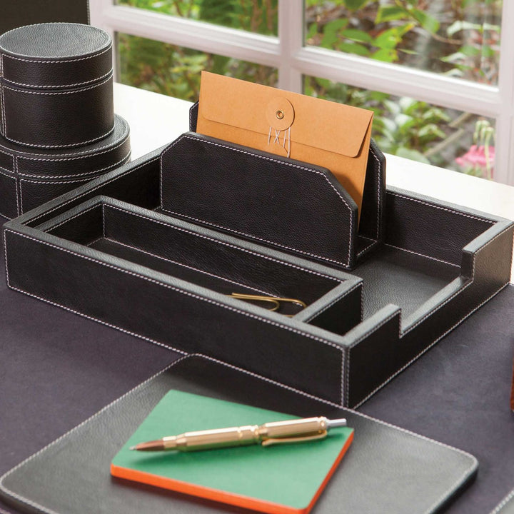 Larne, Black, Desk Set: Letter Tray, Envelope Holder, Pencil Tray And Pencil Holder, Full-Grain Leat