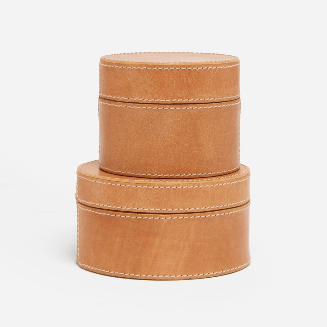 Leon, Aged Camel, S/2 Round Boxes, Full-Grain Leather