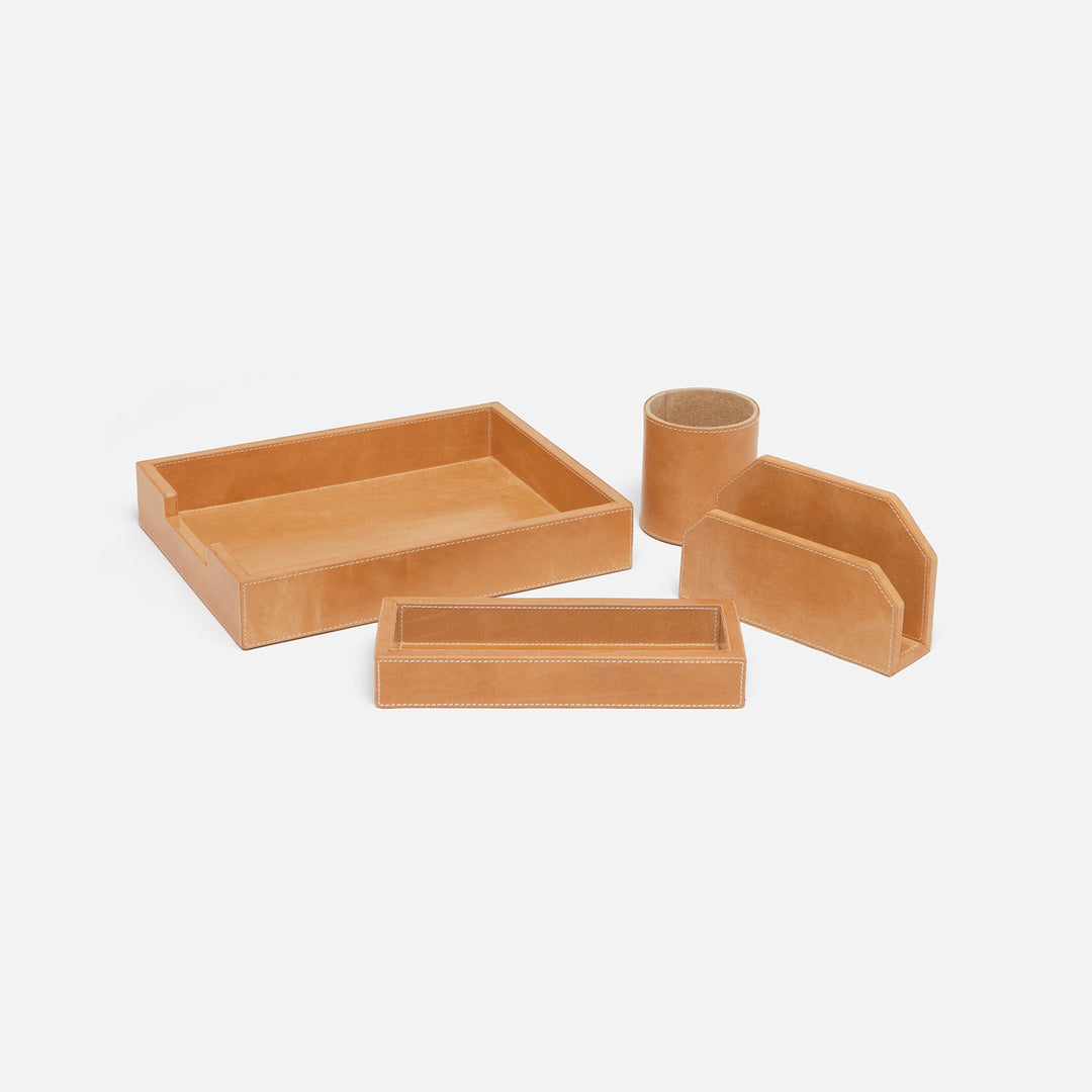 Leon, Aged Camel, Set: Letter Tray, Envelope Holder, Pencil Tray And Pencil Holder, Full-Grain Leath