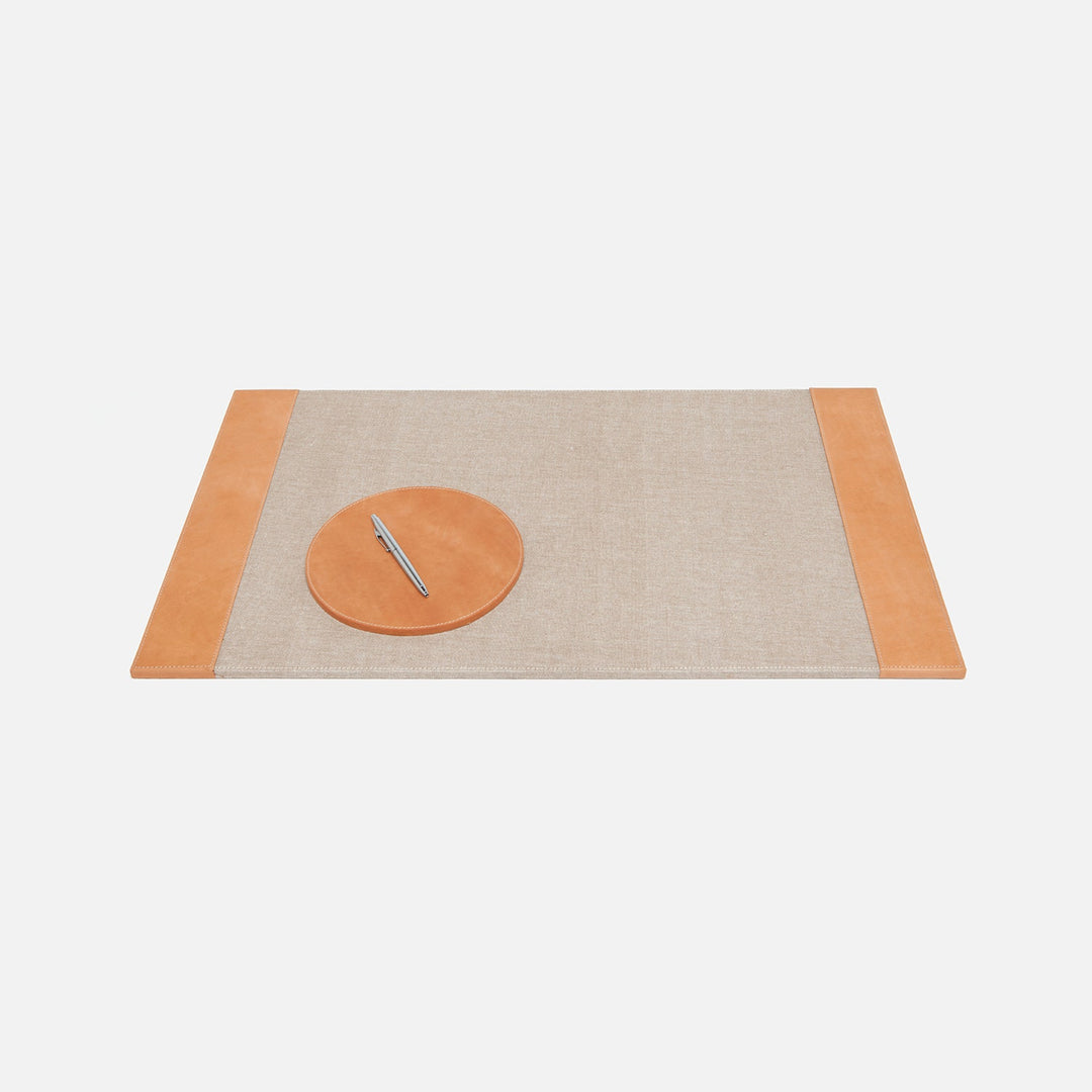 Leon, Aged Camel, Set: Desk Blotter And Round Mouse Pad, Full-Grain Leather