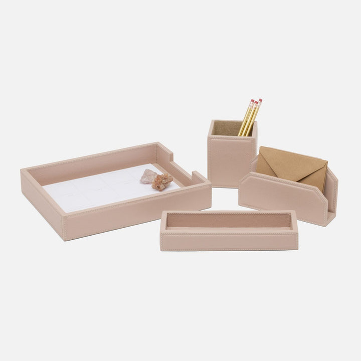 Asby, Dusty Rose, Set: Letter Tray, Envelope Holder, Pencil Tray, And Pencil Holder, Full-Grain Leat