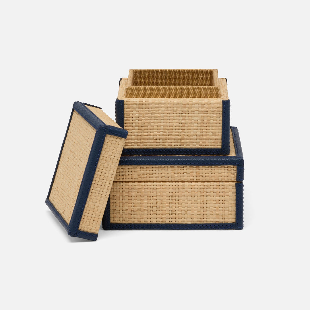 Hanford, Natural/Navy, Square Boxes, Raffia/Leather, S/2