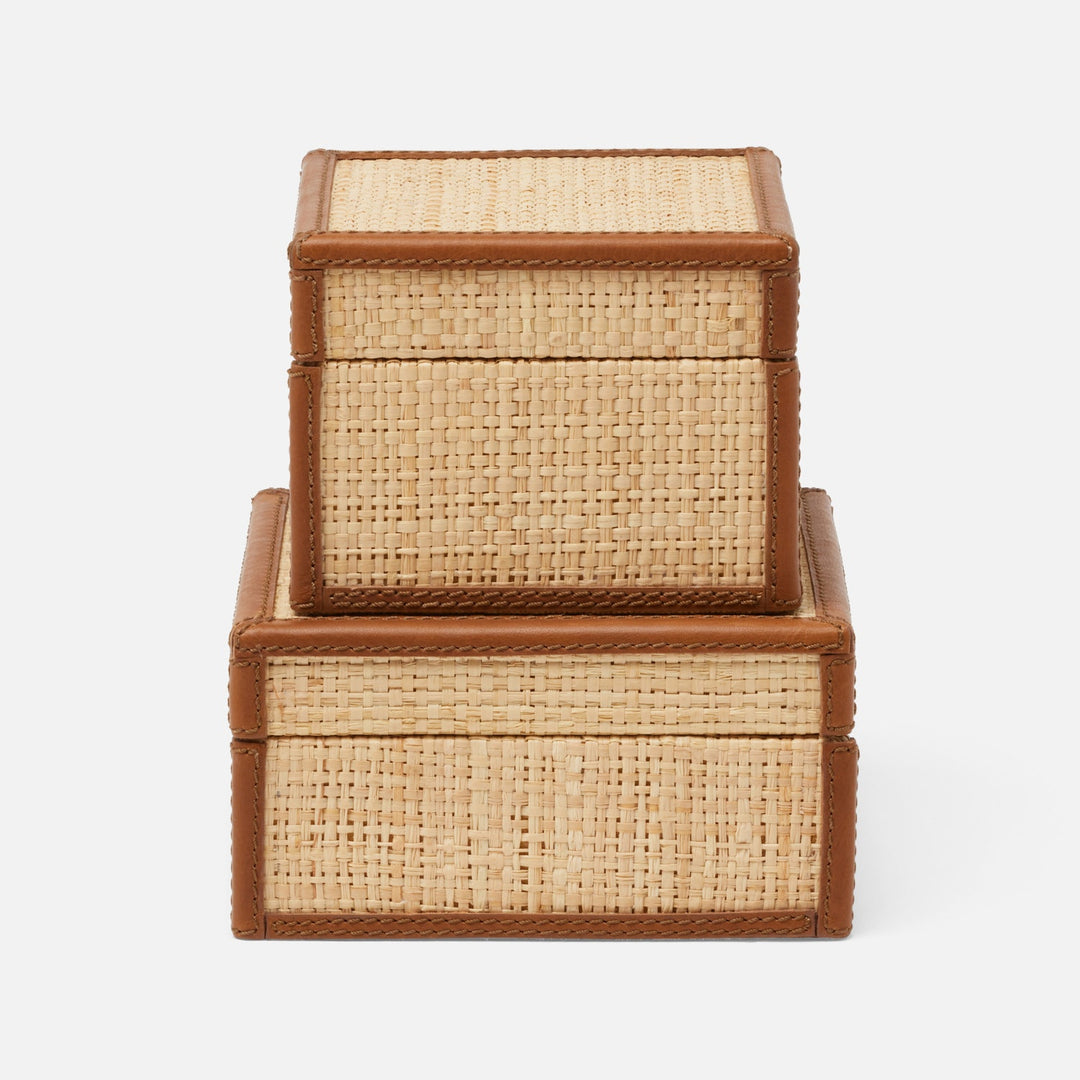 Hanford, Natural/Saddle, Square Boxes, Raffia/Leather, S/2