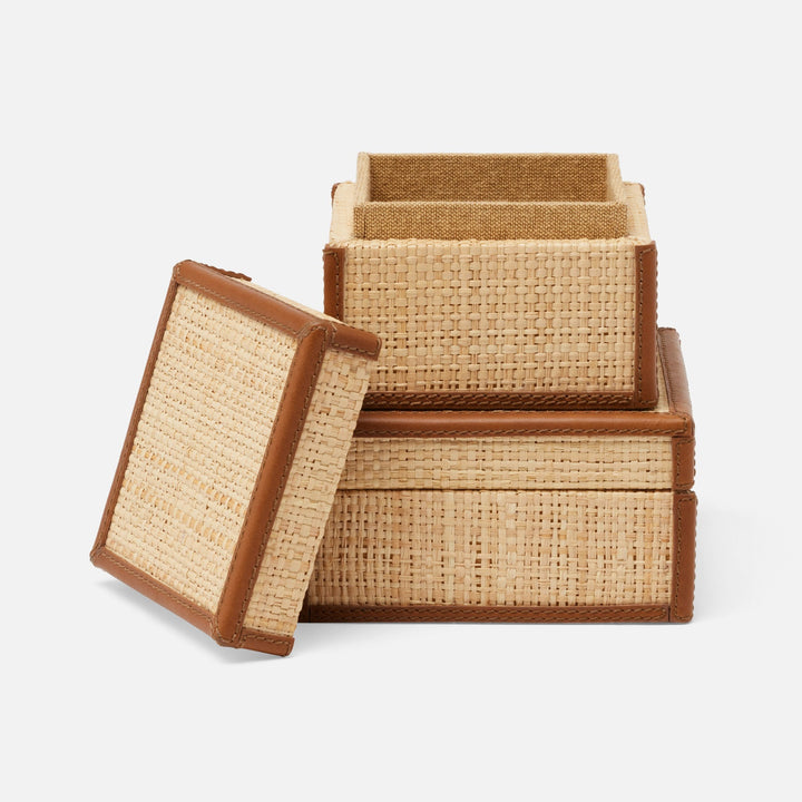 Hanford, Natural/Saddle, Square Boxes, Raffia/Leather, S/2