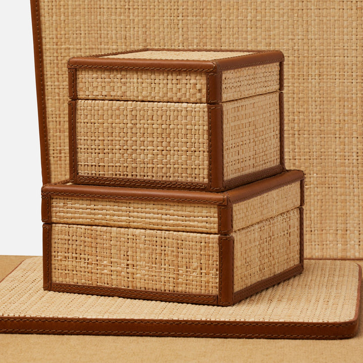 Hanford, Natural/Saddle, Square Boxes, Raffia/Leather, S/2