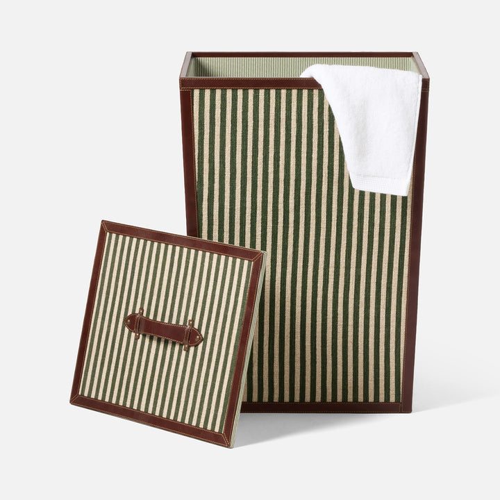 Franklin, Emerald Striped/Tobacco, Hamper, Rectangular Tapered, Cotton Jute/Leather