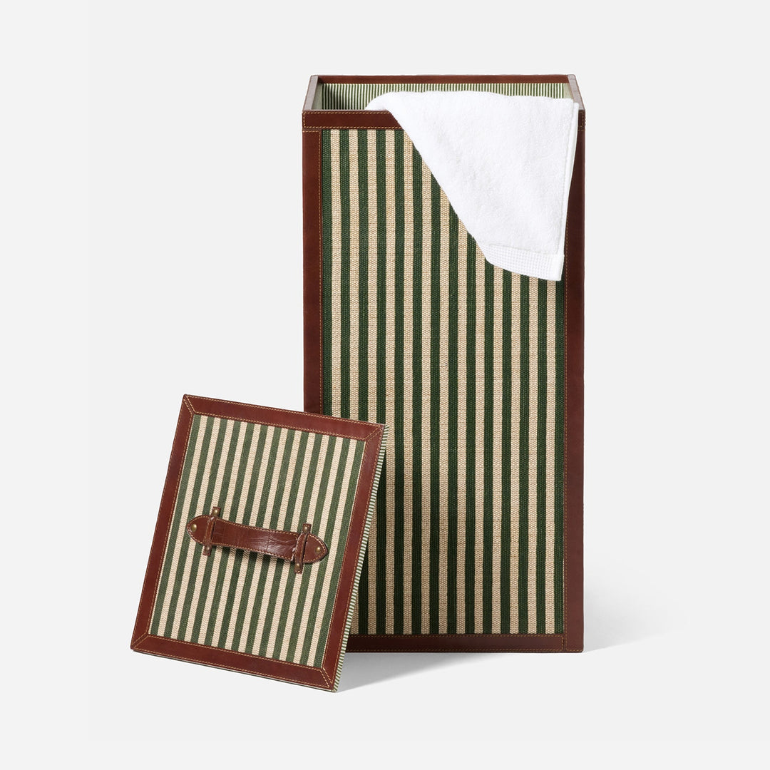 Franklin, Emerald Striped/Tobacco, Hamper, Square Straight, Cotton Jute/Leather