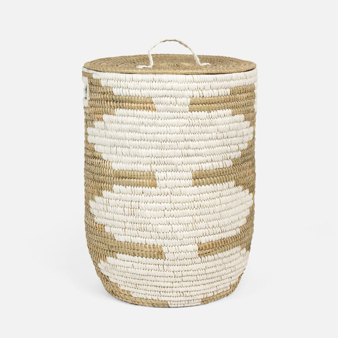 Jelsa, Natural/White, Hamper, Round, Mendong/Raffia