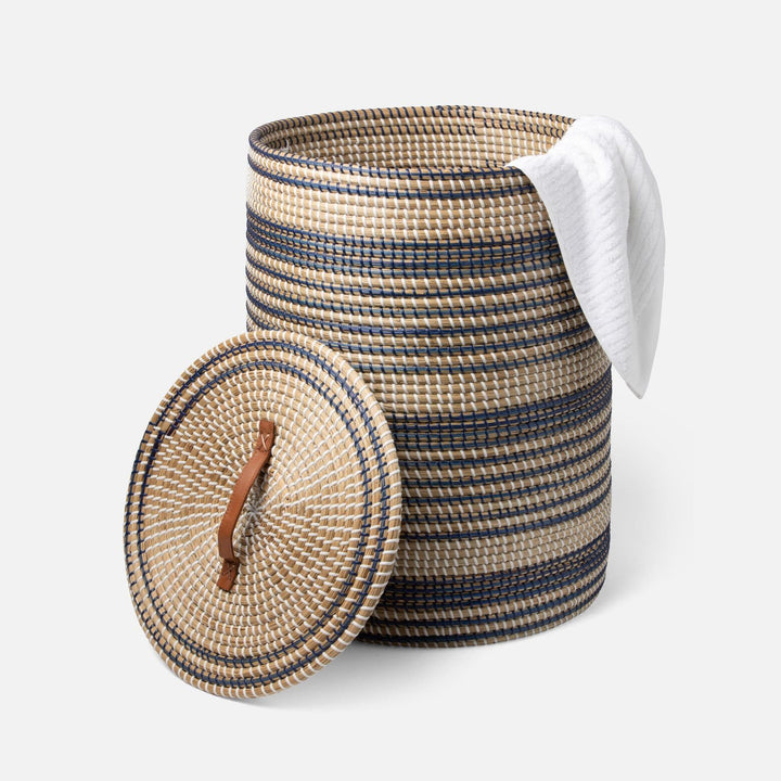 Olinda, Dark Blue/Natural, Hamper, Round, Natural Seagrass