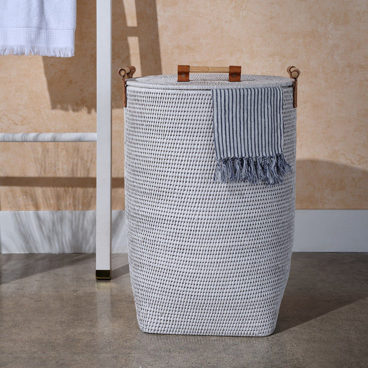 Antalya, White, Hamper, Wood Handles, Large, Rattan