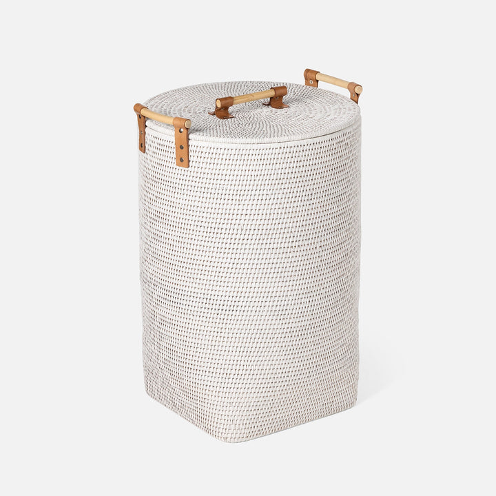Antalya, White, Hamper, Wood Handles, Small, Rattan