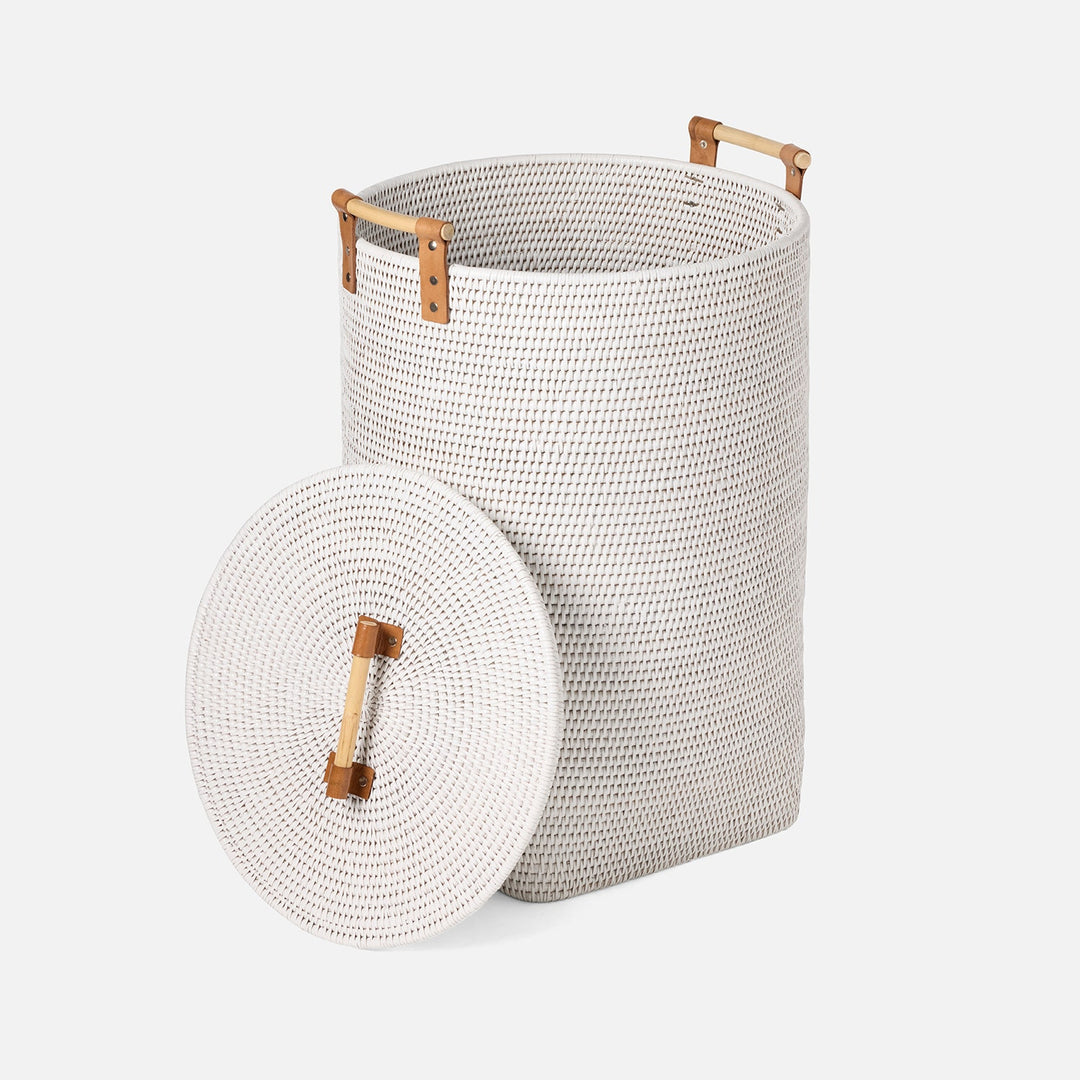 Antalya, White, Hamper, Wood Handles, Small, Rattan
