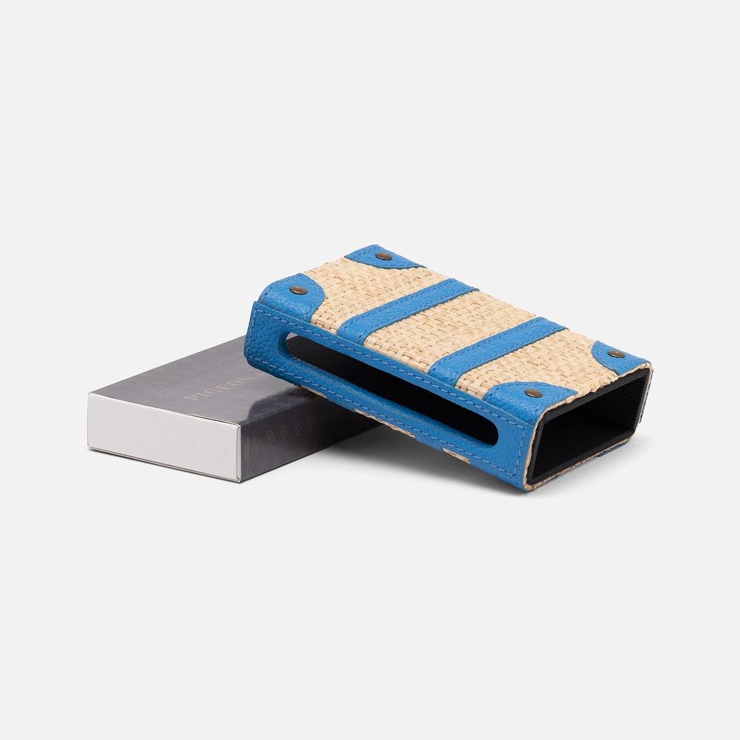 Hanford, Natural/Bright Blue, Match Box And Sleeve, Standard, Raffia/Leather