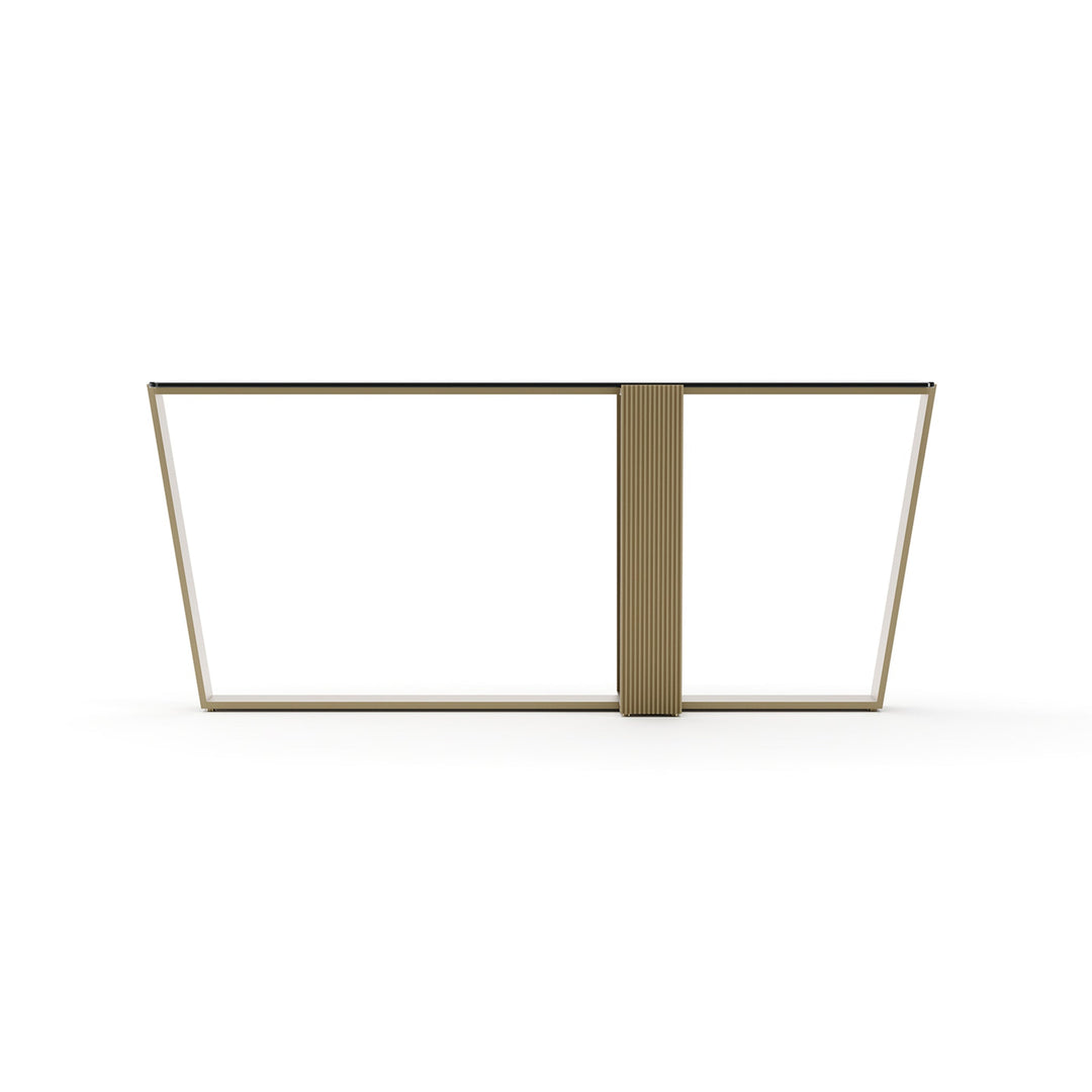 Counter Balance Console Table, shown in gold and champagne with metal, glass, and narrow depth profile.