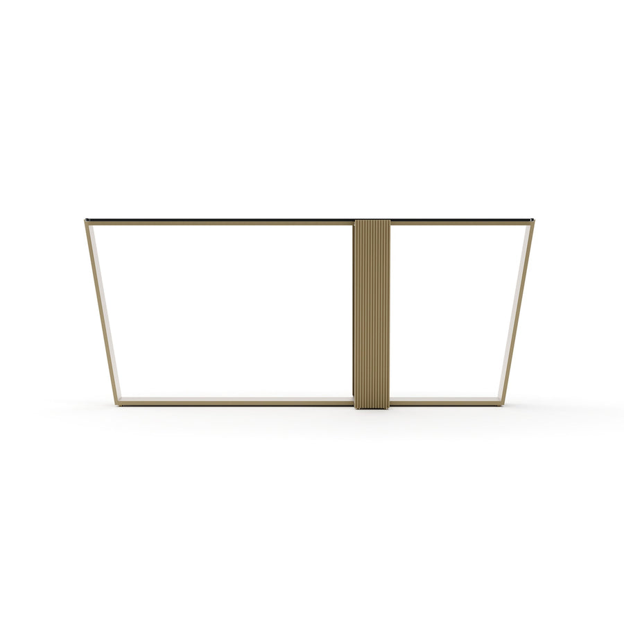 Counter Balance Console Table, shown in gold and champagne with metal, glass, and narrow depth profile.