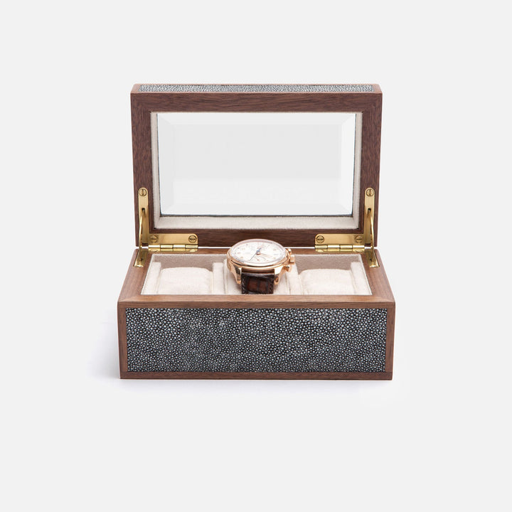 Elmbridge, Cool Gray, 3-Watch Box, Realistic Faux Shagreen/Glass
