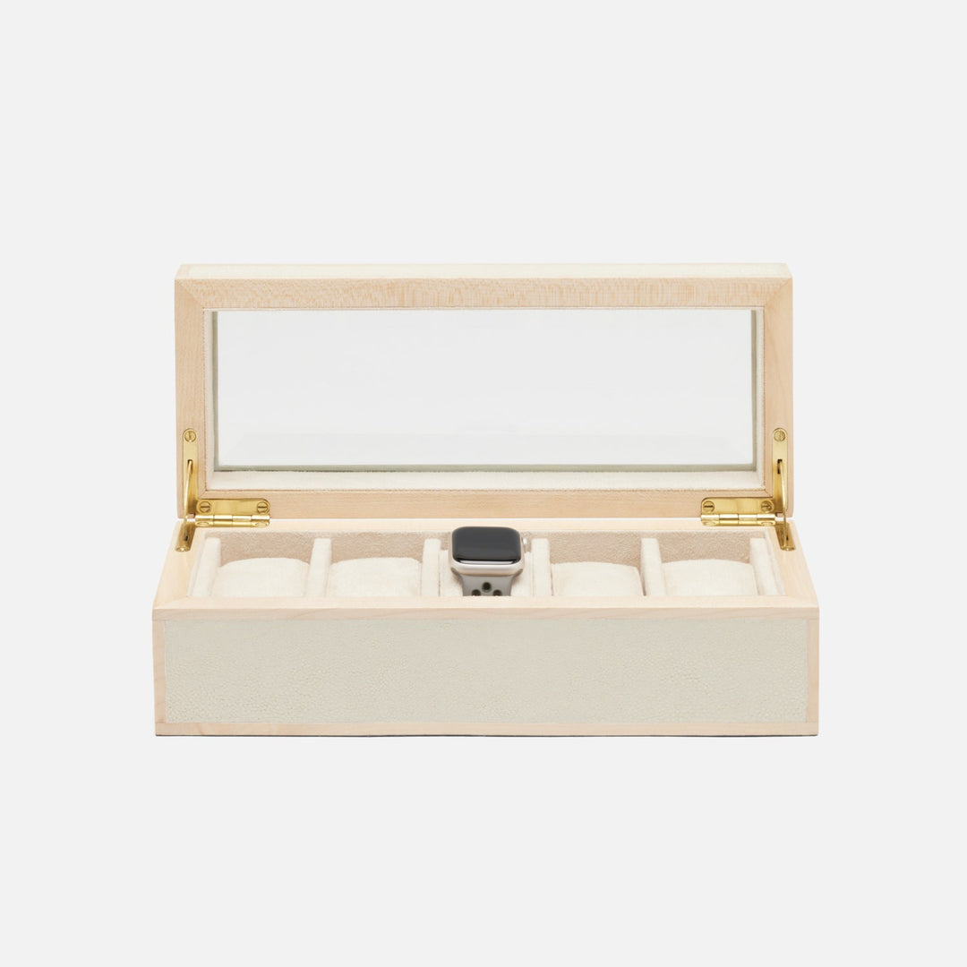 Elmbridge, Blanc Br/Sycamore, 5-Watch Box, Realistic Faux Shagreen/Glass