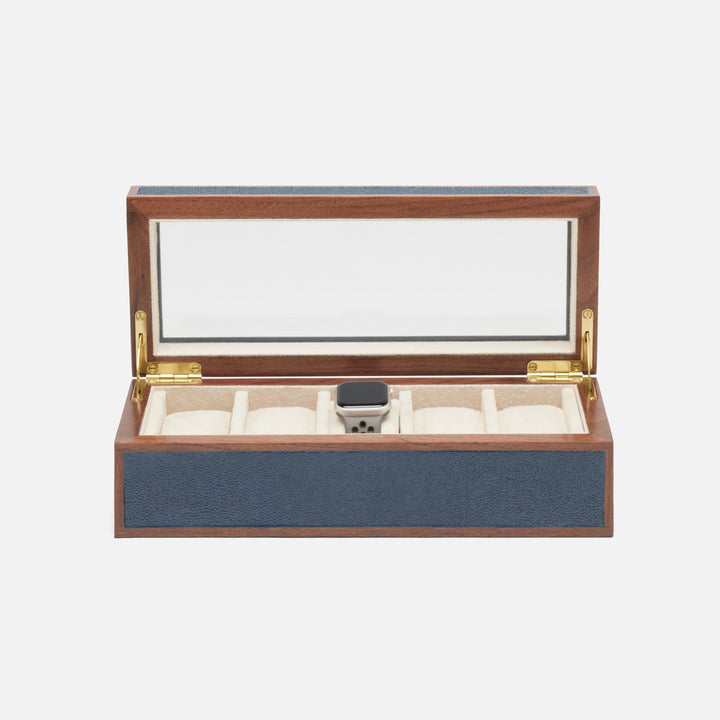 Elmbridge, Navy/Walnut , 5-Watch Box, Realistic Faux Shagreen/Glass