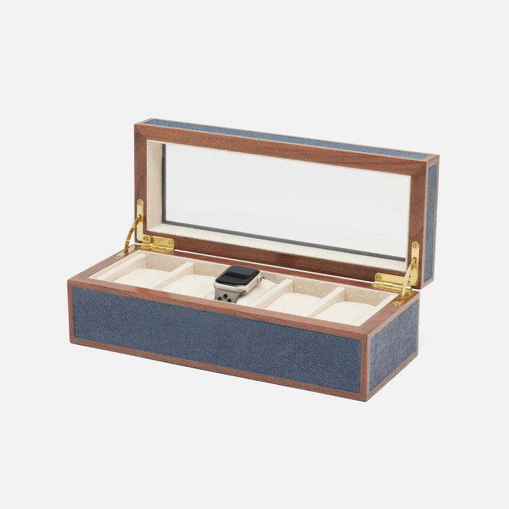 Elmbridge, Navy/Walnut , 5-Watch Box, Realistic Faux Shagreen/Glass