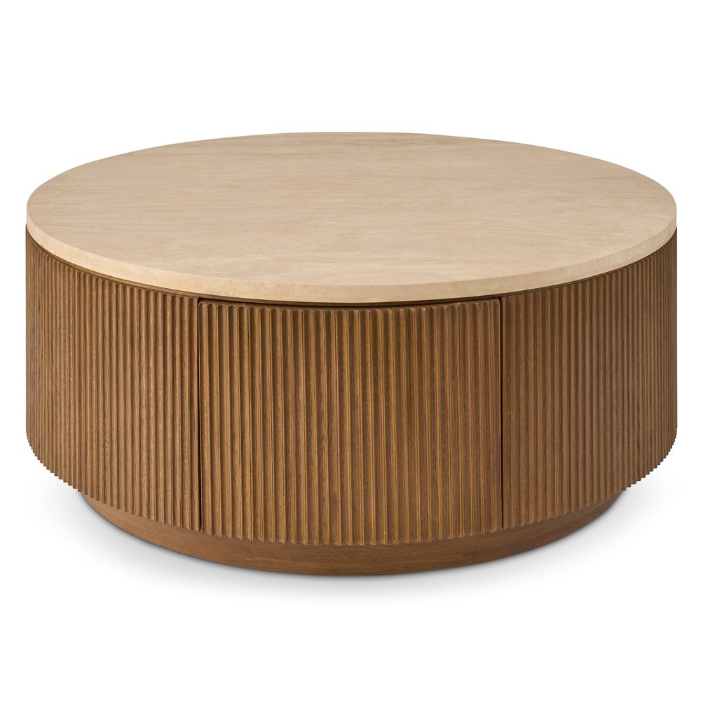 Coffee Tables Fluted Travertine Drum Cocktail