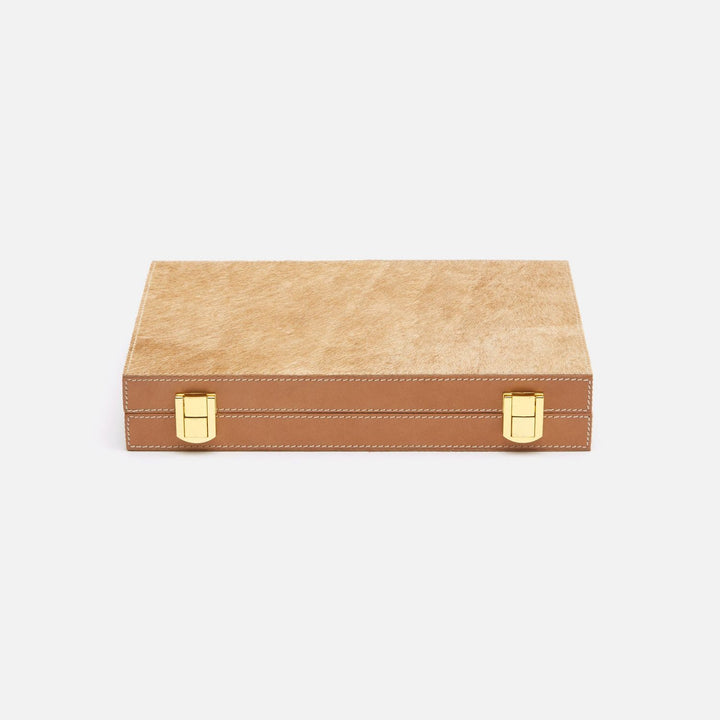Grantham, Beige/Aged Camel, Backgammon Game Set, Small, Hair-On-Hide/Full-Grain Leather