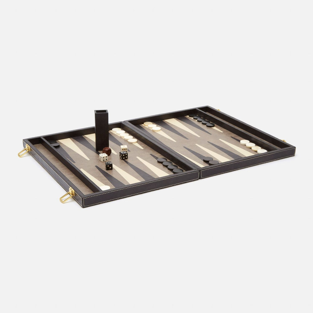 Grantham, Gray/Charcoal, Backgammon Game Set, Large, Hair-On-Hide/Full-Grain Leather