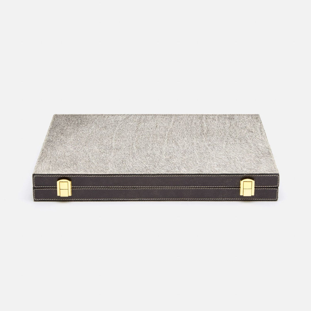 Grantham, Gray/Charcoal, Backgammon Game Set, Large, Hair-On-Hide/Full-Grain Leather