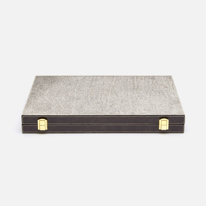 Grantham, Gray/Charcoal, Backgammon Game Set, Large, Hair-On-Hide/Full-Grain Leather