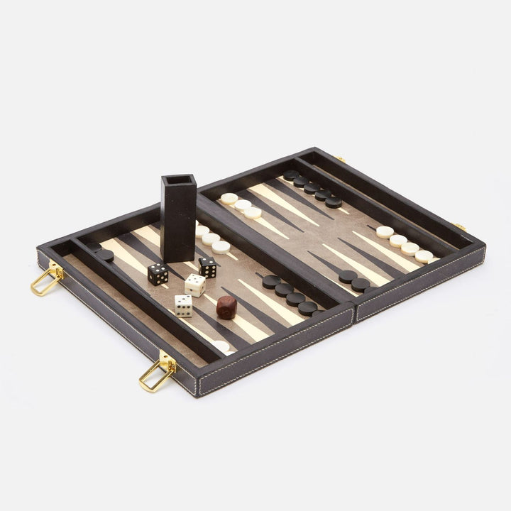 Grantham, Gray/Charcoal, Backgammon Game Set, Small, Hair-On-Hide/Full-Grain Leather