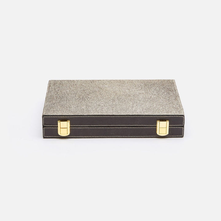 Grantham, Gray/Charcoal, Backgammon Game Set, Small, Hair-On-Hide/Full-Grain Leather