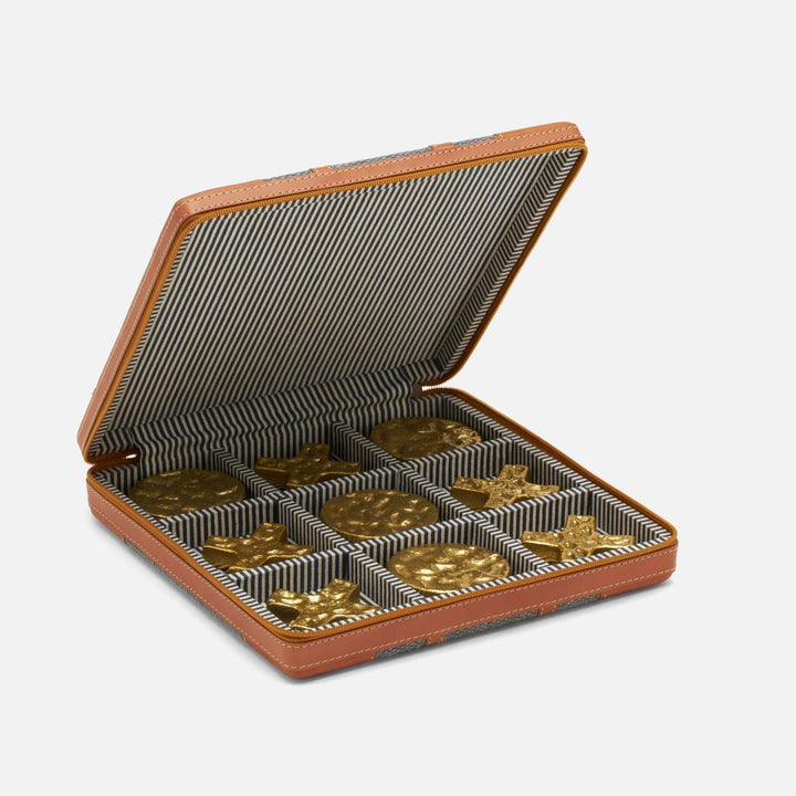 Marlow, Light Blue/Aged Camel, Tic Tac Toe Set, Standard, Cotton Jute/Full Grain Leather