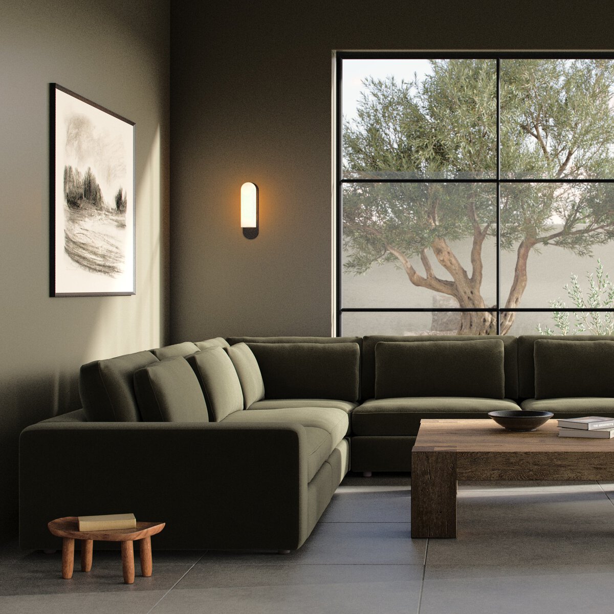 Modern living room with a sectional sofa, wooden coffee table, and large window.