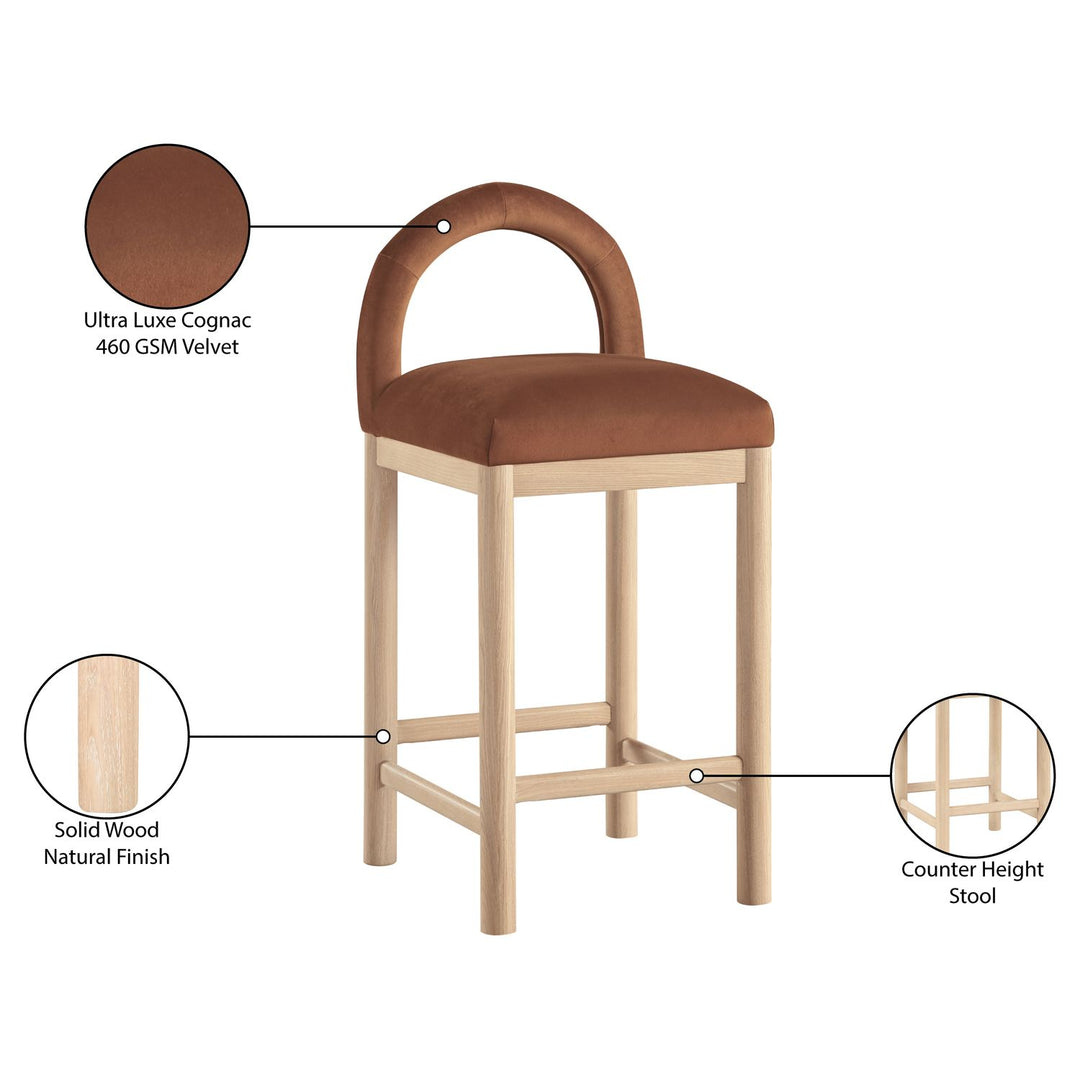 Conrad Velvet Upholstered Counter Stool — Cognac / Natural