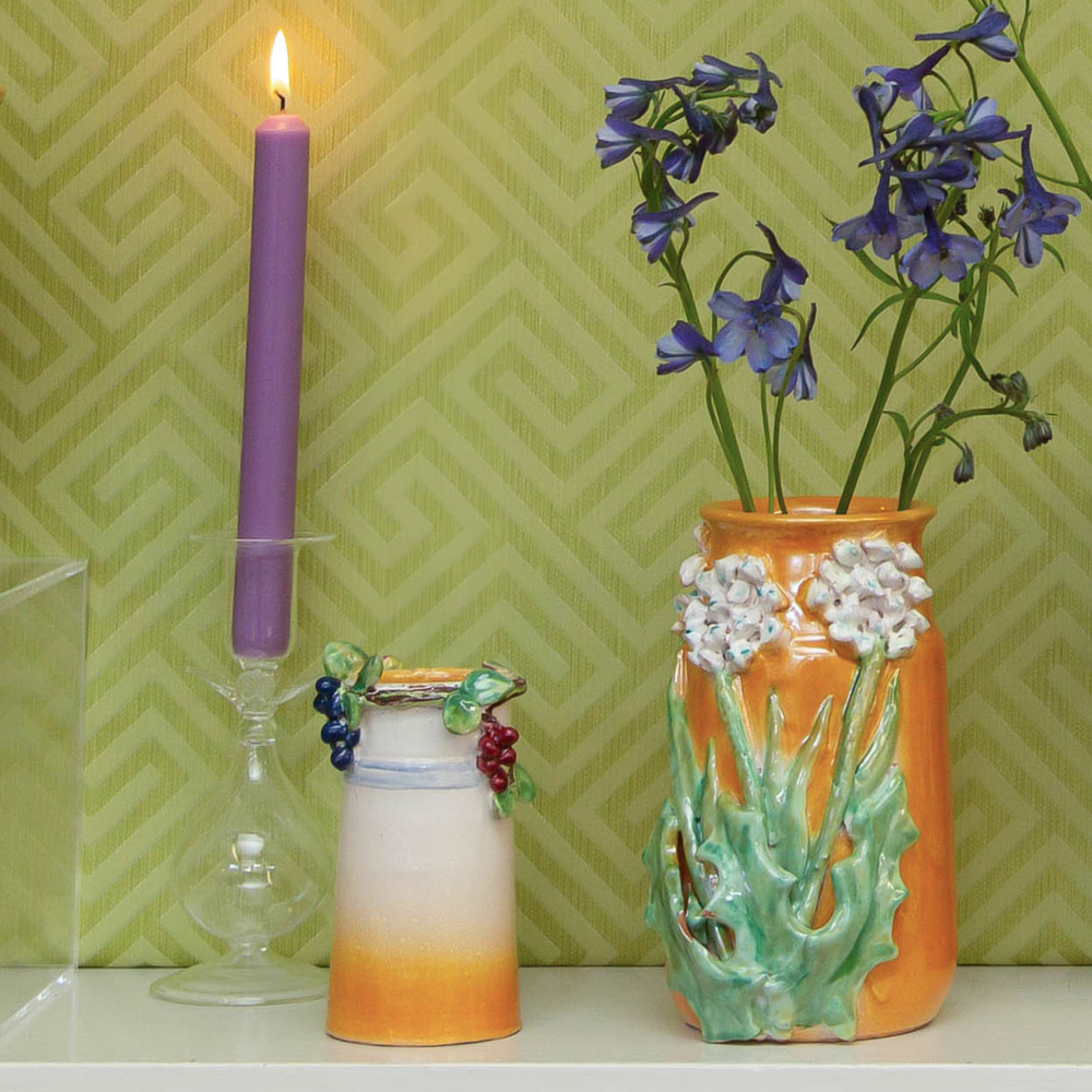Vases Small White and Yellow Vase with Grapes on Rim