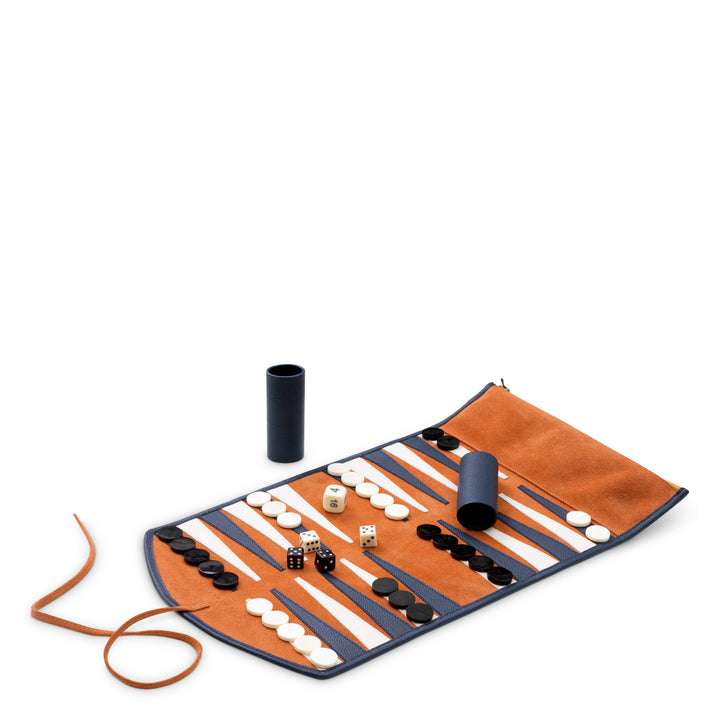 Backgammon Travel Set Monte Lago - Blue leather | orange suede