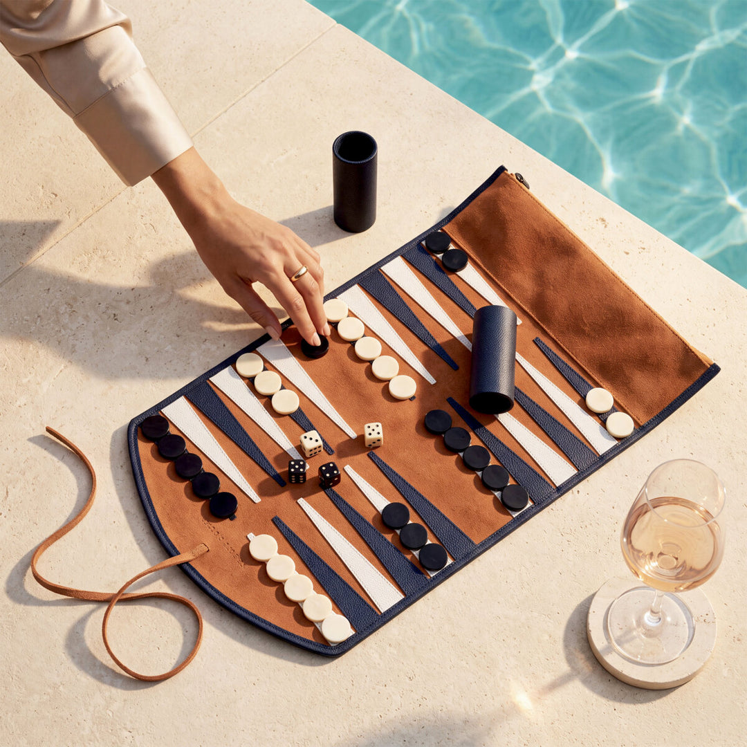 Backgammon Travel Set Monte Lago - Blue leather | orange suede