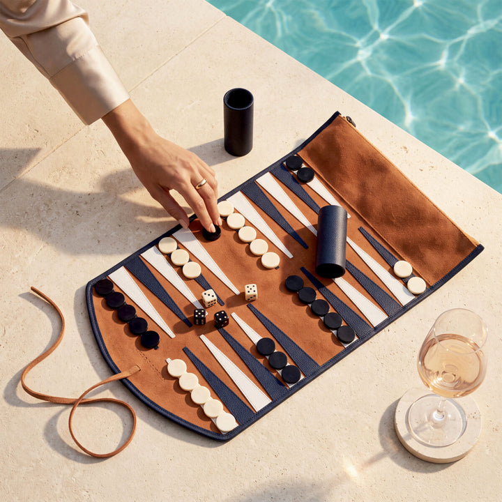 Backgammon Travel Set Monte Lago - Blue leather | orange suede
