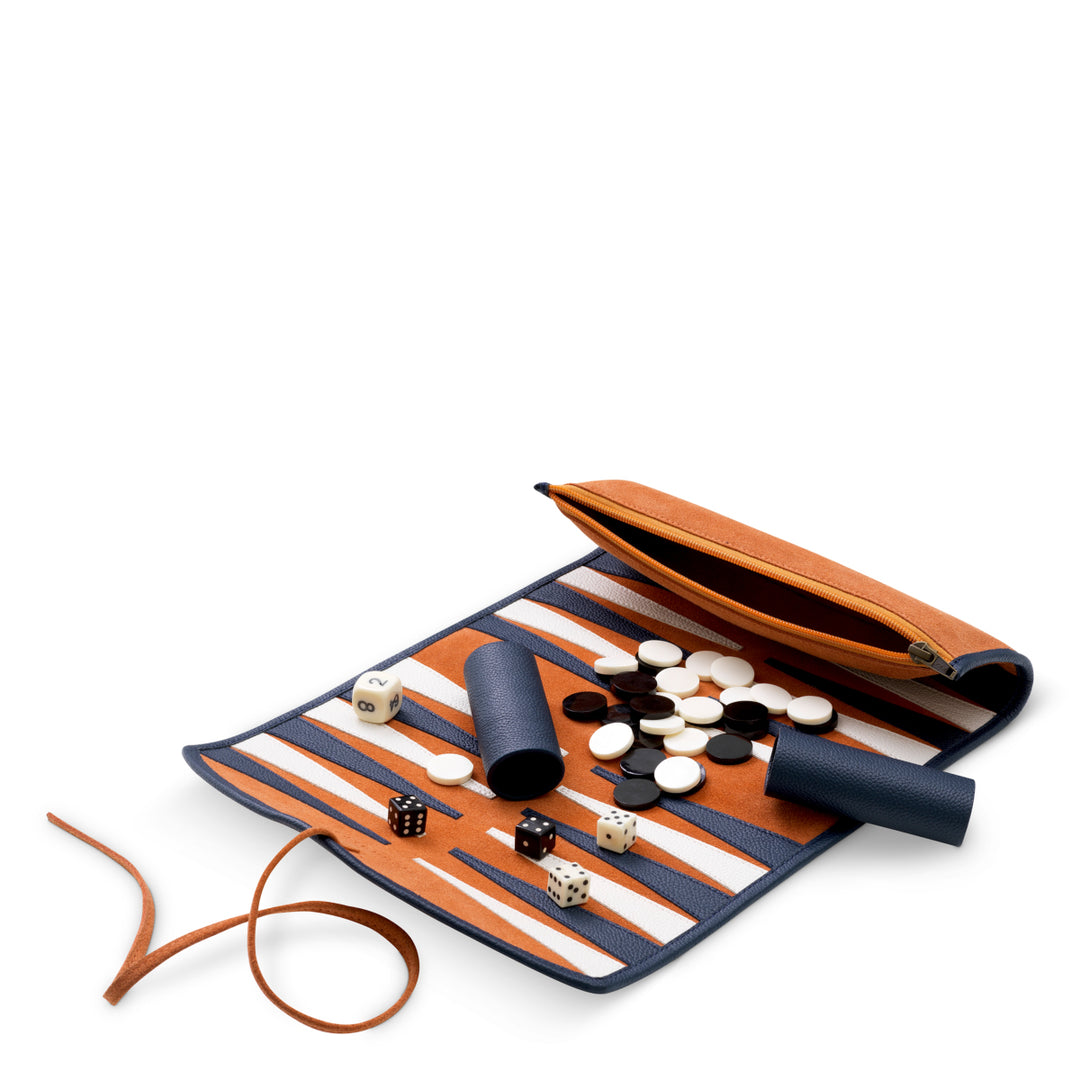 Backgammon Travel Set Monte Lago - Blue leather | orange suede
