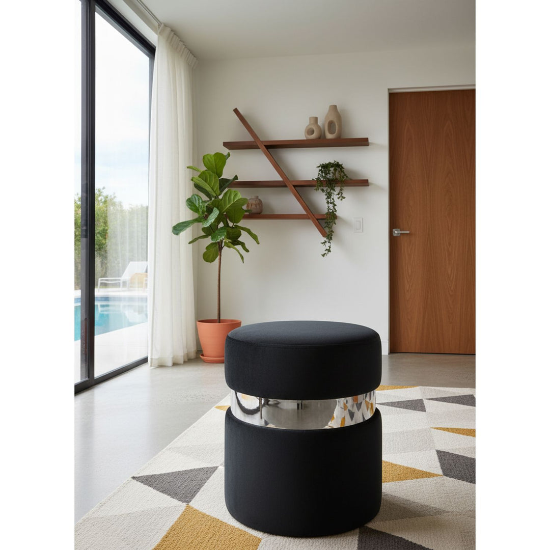 Hailey Velvet Upholstered Stool — Black / Chrome