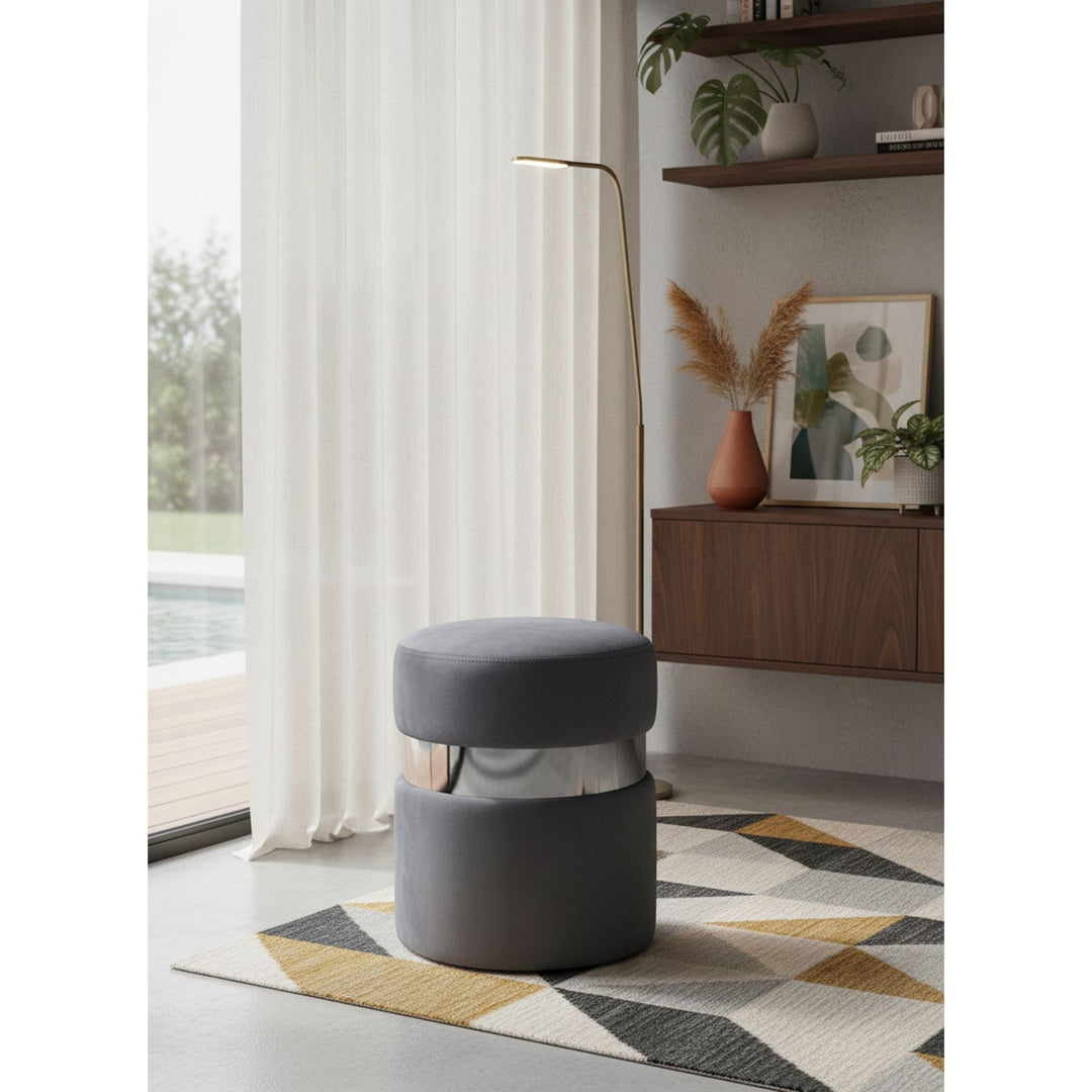 Hailey Velvet Upholstered Stool — Grey / Chrome