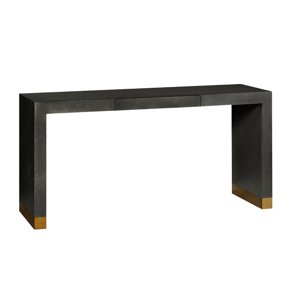 A modern dark gray/black console table with three drawers in the top edge and gold/brass metal feet caps at the bottom ends.