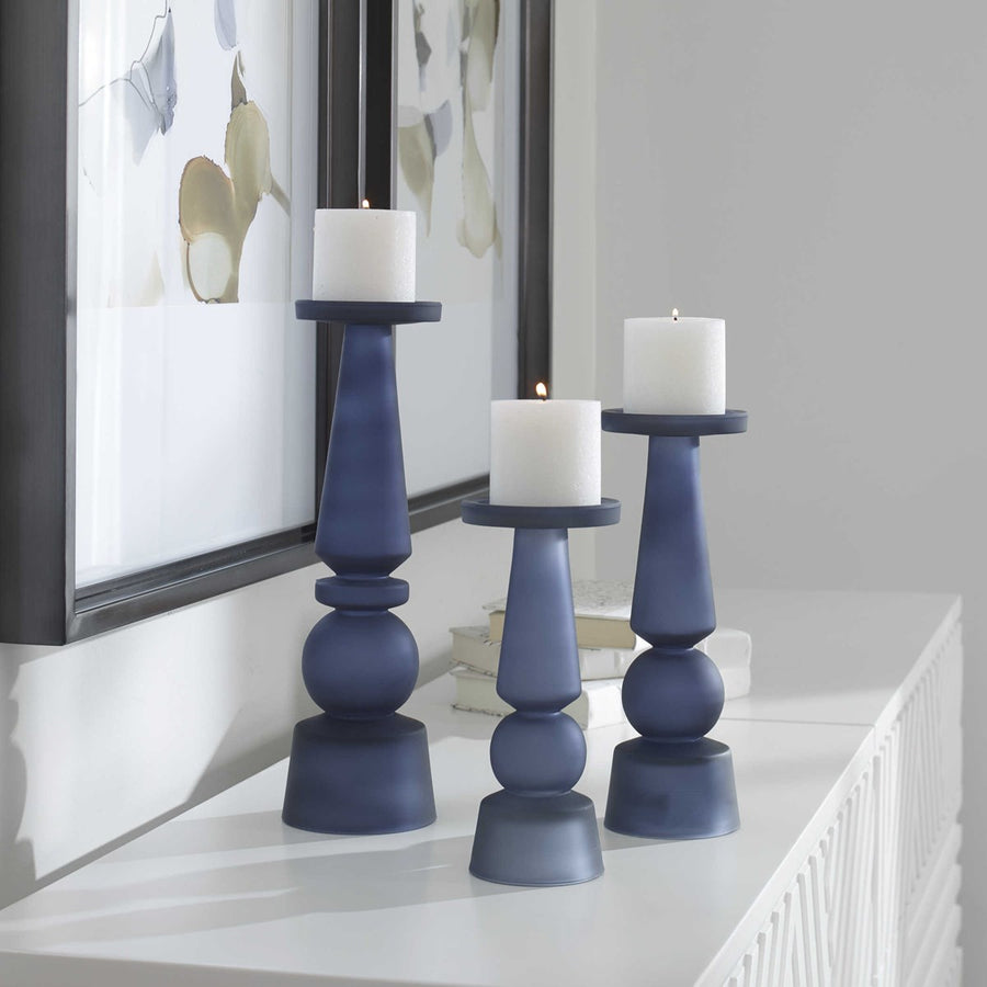Cassiopeia Blue Glass Candleholders, S/3-Uttermost-UTTM-17779-Candle Holders-1-France and Son